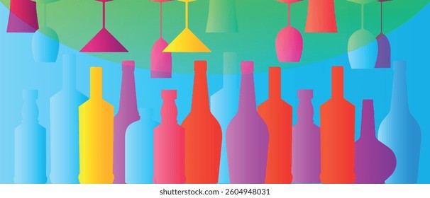 Set of bottles elite alcohol, party, poster for bar. Vector design of bottle of wine, premium whiskey, outline drawing, gradient