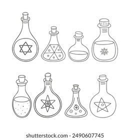 Set of bottles and flask with magic potions. Doodle hand drawn stylized. Vector illustration