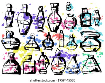 Set of Bottles Fragrant Perfume for Men and Women. Background with abstract color blots, drops. Concept Cosmetic Beauty products for her and his skin. Aroma Perfume. Vector Drawn Linear illustration.