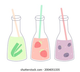 Set of bottles with fresh smoothies or fruit juice. Summer juices. Vector set of isolates on a white background.