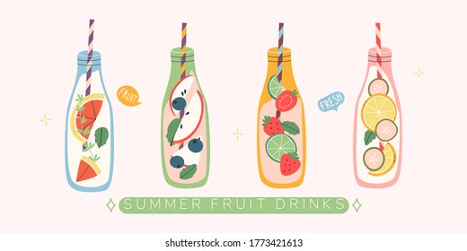 Set of bottles with friut drinks. Summer detox. Trendy vector illustration.