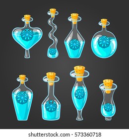 Set with bottles of frozen potion, magic elixir