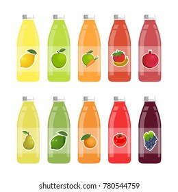 Set of bottles of fruit and vegetable juice on a white background. Vector illustration