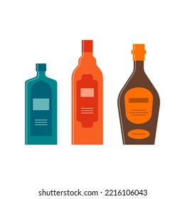 Flaschen Gin, Balsam, Brandy. Großartiges Design für jeden Zweck. Die Flasche ist mit Verschlusskappe und Etikett beschriftet. Flacher Stil. Farbformular. Party-Drink-Konzept. Einfache Bildform. Vektorgrafik.
