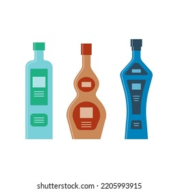 Set bottles of gin balsam vodka. Icon bottle with cap and label. Great design for any purposes. Flat style. Color form. Party drink concept. Simple image shape. Vector.
