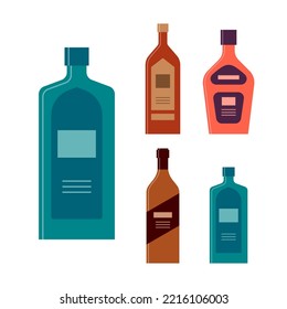 Set bottles of gin rum cream brandy gin. Icon bottle with cap and label. Graphic design for any purposes. Flat style. Color form. Party drink concept. Simple image shape. Vector.