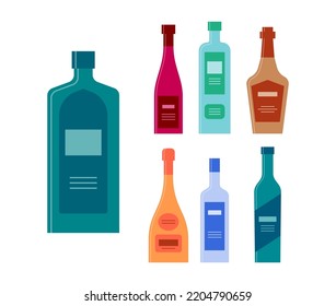 Set bottles of gin wine cream whiskey champagne vodka tequila. Icon bottle with cap and label. Graphic design for any purposes. Flat style. Color form. Party drink concept. Simple image shape. Vector.