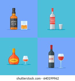 Set of bottles and glasses with alcohol drinks. Whiskey, vodka, cognac and wine. Flat style icons. Vector illustration. 