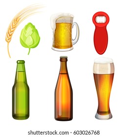 Set of bottles and glasses with beer art icon isolated on white. Vector illustration of barley grains, green malt, red bottle opener, green and brown flasks, tall and thick tumblers with glass handle.