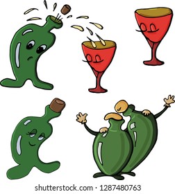 Set Bottles and glasses. Cartoon character. Vector illustration.