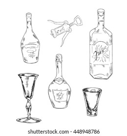 Set of bottles and glasses. Cartoon ink sketch. Hand drawn vector illustration.
