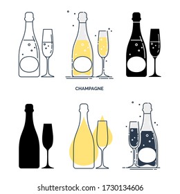 Flaschen und Gläser mit Champagner in verschiedenen Stilen. Template Alkohol Getränke für Restaurant, Bar, Pub. Symbolpartei. Sammeln Sie ein Getränk. Isolierte flache Abbildung auf weißem Hintergrund.