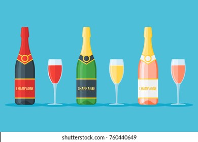 Set of bottles and glasses of champagne isolated on blue background. Red, white and rose sparkling wines. Flat style vector illustration.