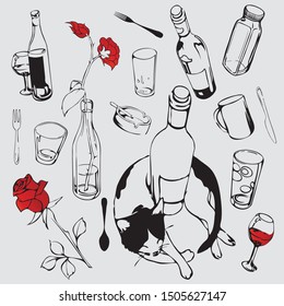 set of bottles and glasses with flowers vector isolated