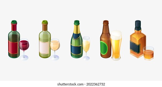 Set bottles and glasses, red and white wine, beer