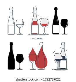 Set of bottles and glasses with red wine in different styles. Template alcohol beverage for restaurant, bar, pub. Symbol party. Collection one drink. Isolated flat illustration on white background.