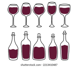 Set of bottles and glasses with red wine. Doodle style. Vector illustration. Wine collection in doodle style.