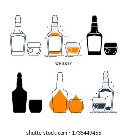 Set of bottles and glasses with whiskey in different styles. Template alcohol beverage for restaurant, bar, pub. Symbol party. Collection one drink. Isolated flat illustration on white background.