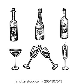 Un conjunto de botellas y copas con vino y champán de uva. Los elementos decorativos de la fiesta. Ilustración vectorial de línea dibujada a mano en estilo doodle.