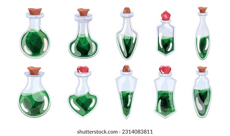 Conjunto de botellas con poción verde y tapón al estilo de las caricaturas. aislado. Ilustración de material vectorial. Elementos para juegos. Fondo blanco. Cuentos de hadas. Halloween y festividades. belleza y moda