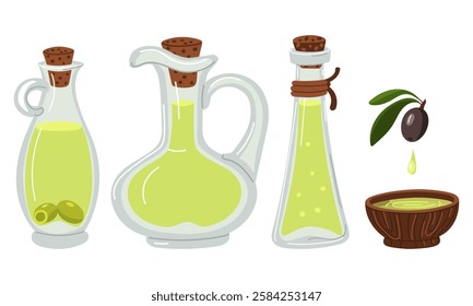 A set of bottles of homemade olive oil, closed, with olives inside. A flat illustration is highlighted on a white background. Various containers are covered with a cork lid, in a saucer for home use.