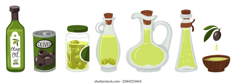 set of bottles of homemade olive oil, pickled, closed, with olives inside. flat illustration is highlighted on a white. Various containers are covered with a cork lid, in a saucer for home use.