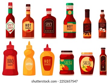 Set of bottles with hot sauce dressing. Spicy seasoning for your dishes. Traditional spicy sauces. Vector illustration