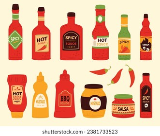 Conjunto de botellas con salsa picante. Sinfín de condimentos para tus platos. Salsas picantes tradicionales. Ilustración del vector