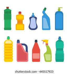 Set of bottles for household chemicals and cleaning supplies. 