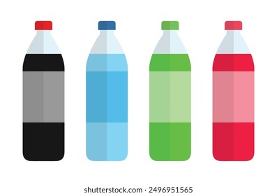 Set of bottles icons. Drink icons set in flat style. Plastic bottle vector icon set. Water beverage sign business concept. Plastic beverage bottles icon set. Cola, soda, water and green iced tea.