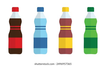 Set of bottles icons. Drink icons set in flat style. Plastic bottle vector illustration. Water beverage sign business concept. Plastic beverage bottles icon set. Cola, soda, water and green iced tea.