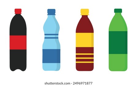 Set of bottles icons. Drink icons set in flat style. Plastic bottle vector illustration. Water beverage sign business concept. Plastic beverage bottles icon set. Cola, soda, water and green iced tea.