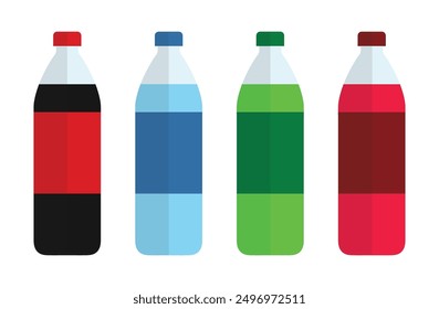 Set of bottles icons. Drink icons set in flat style. Plastic bottle vector illustration. Water beverage sign business concept. Plastic beverage bottles icon set. Cola, soda, water and green iced tea.