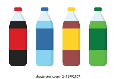 Conjunto de iconos de botellas. Iconos de la bebida fijados en estilo plano. Icono de Vector de botella de plástico. Símbolo de refresco dulce. Signo de bebidas gaseosas. Conjunto de iconos de botellas de bebidas de plástico. Cola, refrescos, agua y té helado verde.