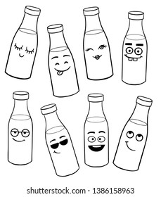 Set of bottles illustration with cute characters. Different funny emoticon beverages with smiling human faces. Vector hand drawn cartoon isolated on white background for icon, sticker, card, t-shirt