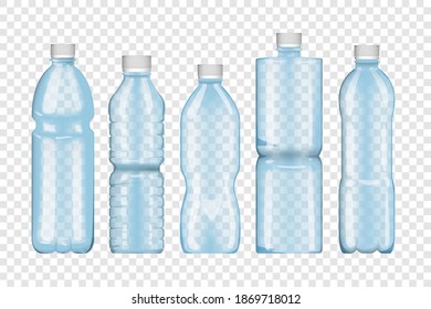 Set of bottles isolated on transparent background. Blue plastic bottles. Water container. Set of icons of plastic bottles. Vector illustration