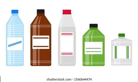 Set of bottles, isolated on white background, vector illustration. Bottles for household chemical liquids.