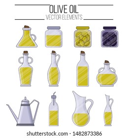 Set of bottles and jars with olive oil in cartoon style. Vector illustration for design, web and decor for the festival of olives.