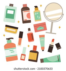 Set of bottles, jars and tubes with cosmetics for body, hair and skin care. Collection of skincare products. Hand drawn vector colorful flat cartoon style illustration.