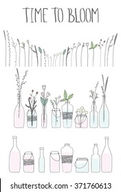 Set of bottles and jars with water and flowers. Doodle hand drawn plants, branches, leaves, spruce. Time to bloom lettering.