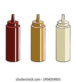 Set of bottles of ketchup, mayonnaise, mustard in a jar, linear drawing