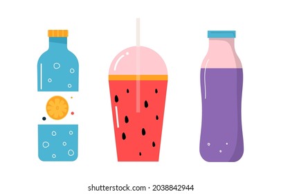 Set of bottles with lemon water, smoothie watermelon, milkshake. and drawn trendy vector illustrations. Cartoon style. Flat design.