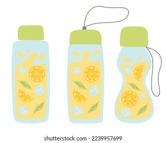 Conjunto de botellas con limonada. Colección de limonadas frescas con lonchas de limón, menta y hielo. Ilustración vectorial aislada en fondo blanco. estilo plano.