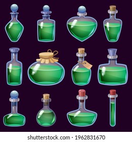 Set of Bottles liquid potion magic elixir colorful . Game icon GUI for app games user interface. Vector illstration isolated cartoon style on black background