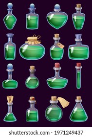 Set of Bottles liquid potion magic elixir colorful . Game icon GUI for app games user interface. Vector illstration isolated cartoon style on black background