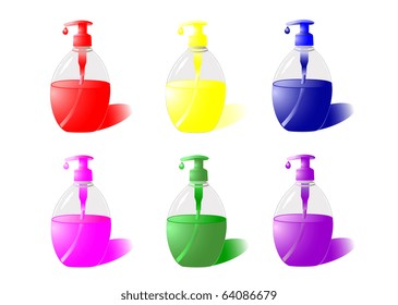 Set of bottles of liquid soap of different colors