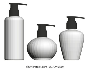 Set with bottles for liquid soap isolated on white background. 3D. Vector illustration