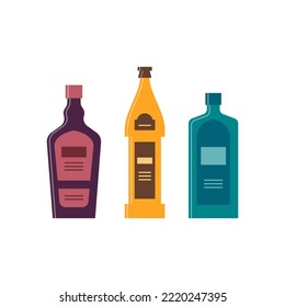 Set bottles of liquor, beer, schnapps. Great design for any purposes. Icon bottle with cap and label. Flat style. Color form. Party drink concept. Simple image shape. Vector.
