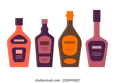 Set bottles of liquor, rum, whiskey, balsam great design for any purposes. Icon bottle with cap and label. Flat style. Color form. Party drink concept. Simple image shape. Vector.
