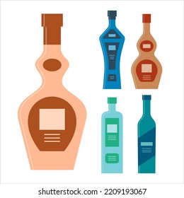 Set bottles of liquor vodka cream schnapps balsam. Icon bottle with cap and label. Graphic design for any purposes. Flat style. Color form. Party drink concept. Simple image shape. Vector.
